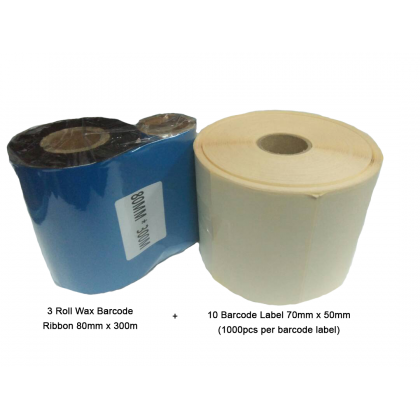 3 Roll Wax Barcode Ribbon 80mm x 300m + 10 Barcode Label 70mm x 50mm (1000pcs per barcode label)